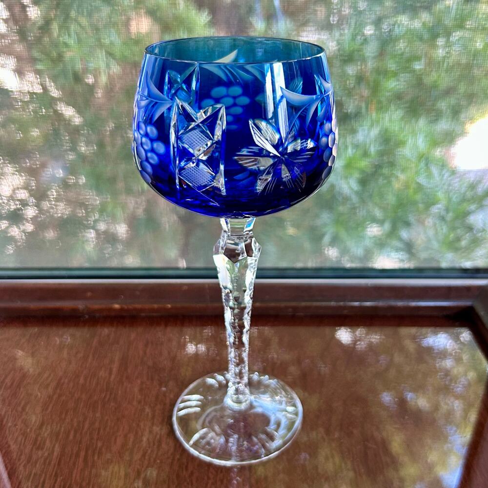 Vintage Bohemian / Czech Cobalt Blue Cut-to-Clear Crystal Wine Hock Goblet